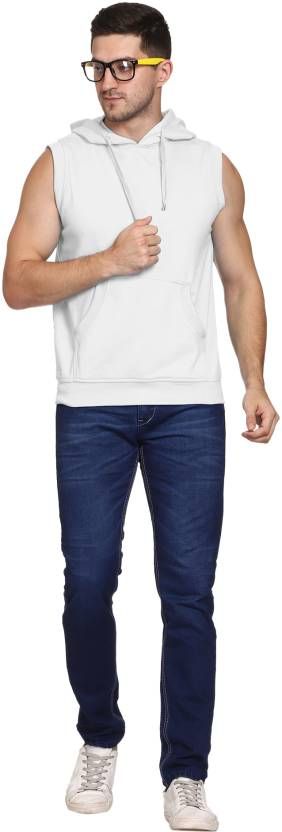 Men Sleeveless Solid Hooded Sweatshirt - PURE