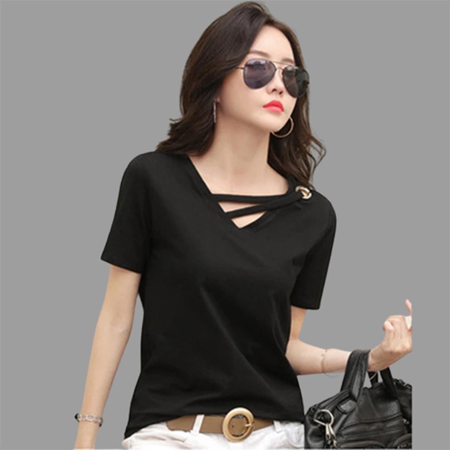 Popster Black solid Cotton V-Neck Regular Fit Half Sleeve Womens T-Shirt - PURE