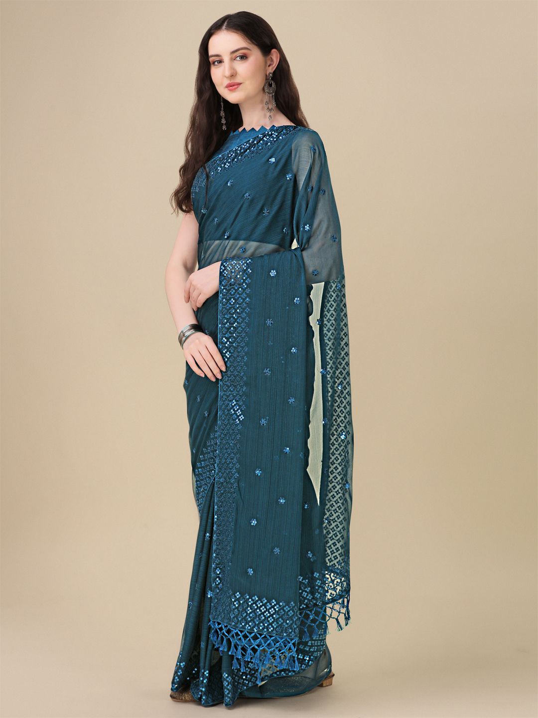 Fancy Sequined Embroidered Teal Blue Coloured Georgette Saree with Blouse Piece - PURE