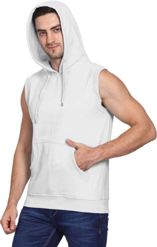 Men Sleeveless Solid Hooded Sweatshirt - PURE