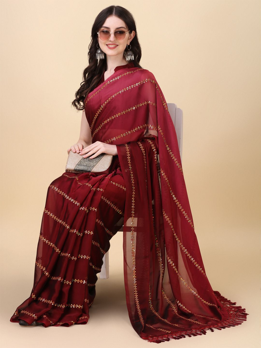 Fancy Sequined Embroidered Red Coloured Silk Saree with Blouse Piece - PURE