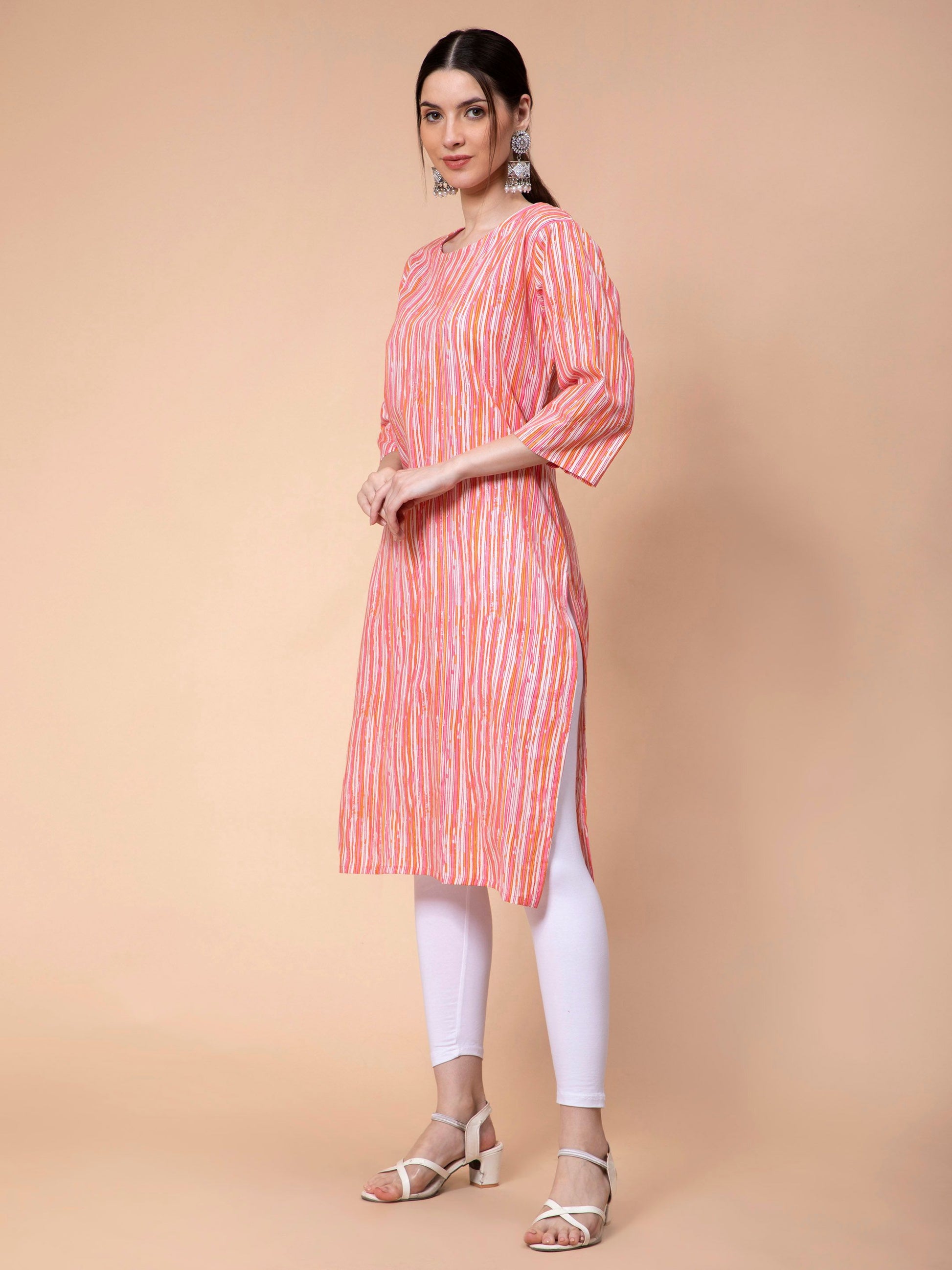 Fabclub Cotton Striped Straight Women Kurti (Peach) - PURE