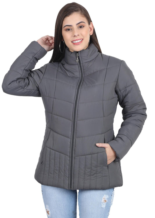 Xohy Women's Grey Winter Wear Full Sleeve Solid Puffer Jacket - PURE