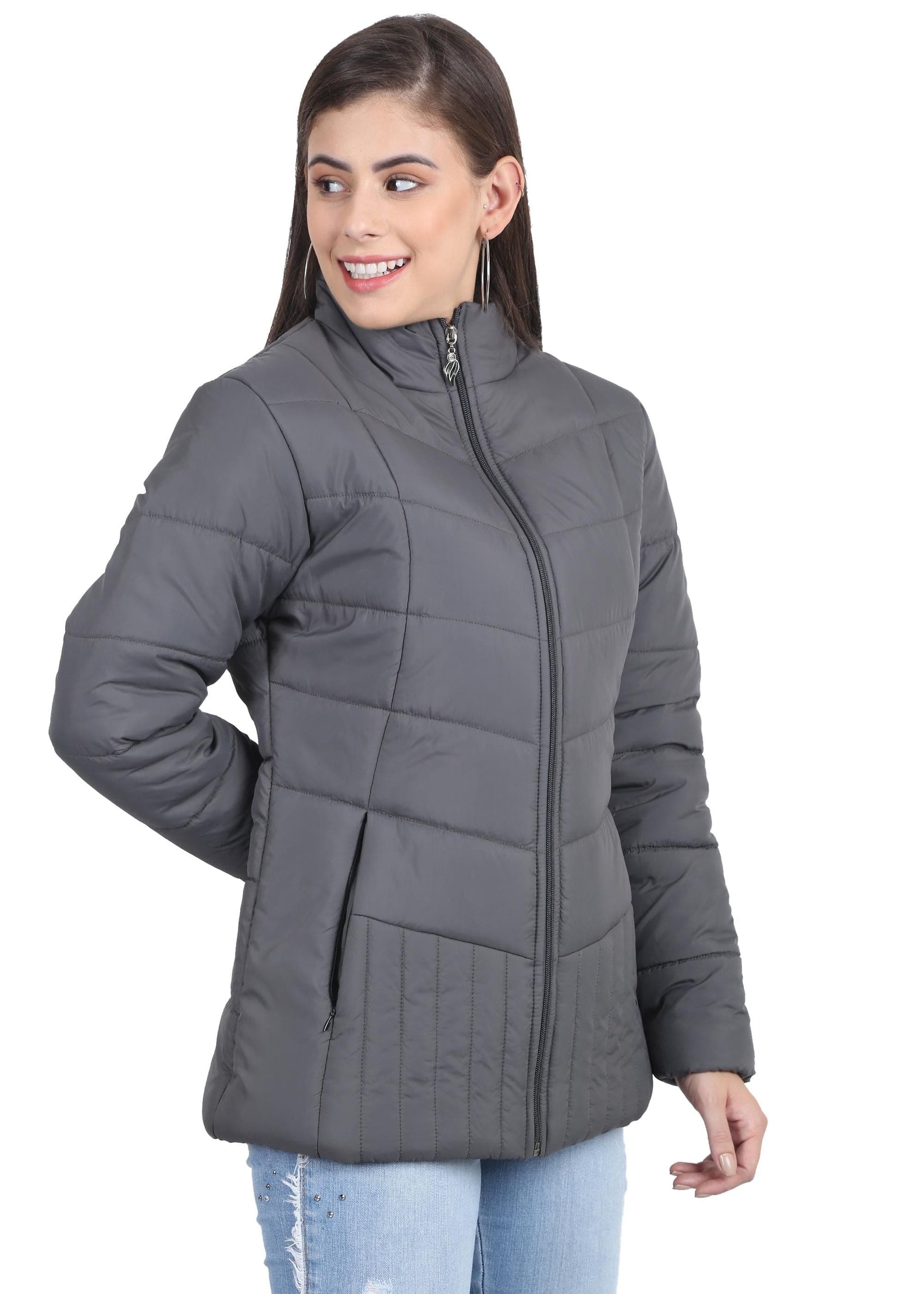 Xohy Women's Grey Winter Wear Full Sleeve Solid Puffer Jacket - PURE