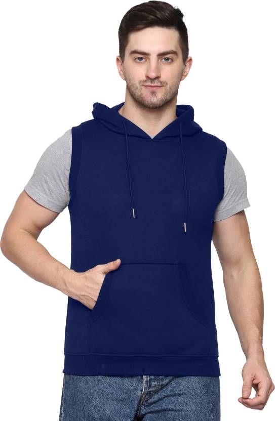 Men Sleeveless Solid Hooded Sweatshirt - PURE