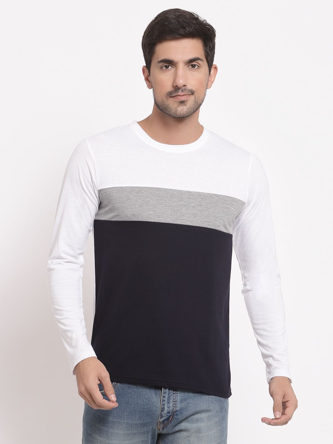 HEATHEX Men's Color blocked Full Sleeve Round Neck Cotton Blend T-Shirt - PURE