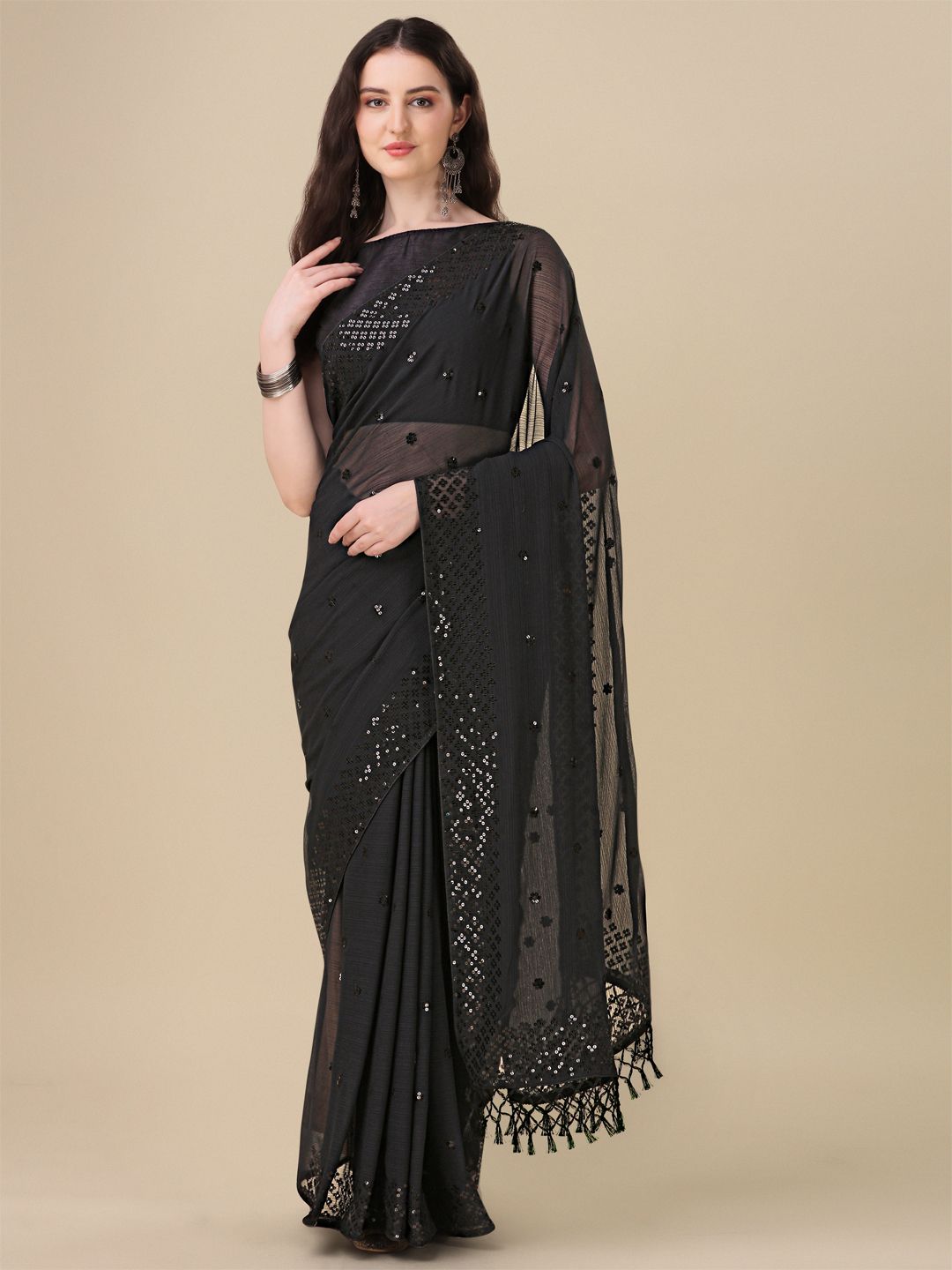 Fancy Sequined Embroidered Black Coloured Georgette Saree with Blouse Piece - PURE