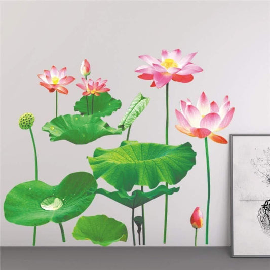 Green Leaves Lotus Flower Wall Decor Sticker - PURE