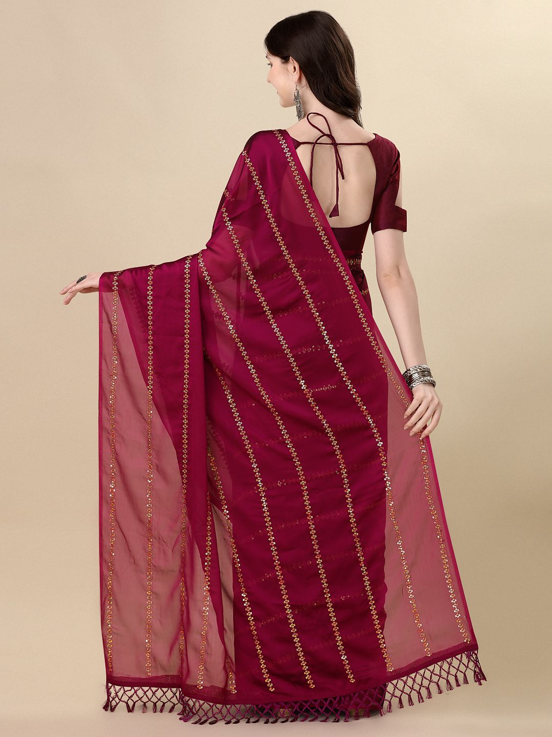 Fancy Sequined Embroidered Purple Coloured Silk Saree with Blouse Piece - PURE