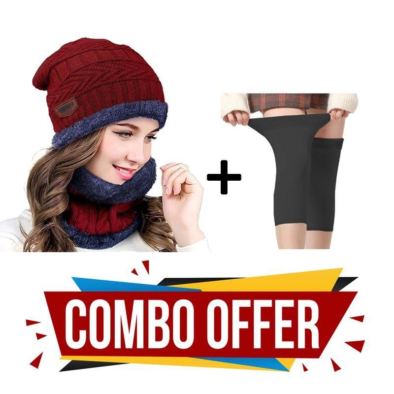 Eastern Club Winter Cap & Neck Scarf with 1 Pair Woolen Knee Cap for Women Combo - PURE