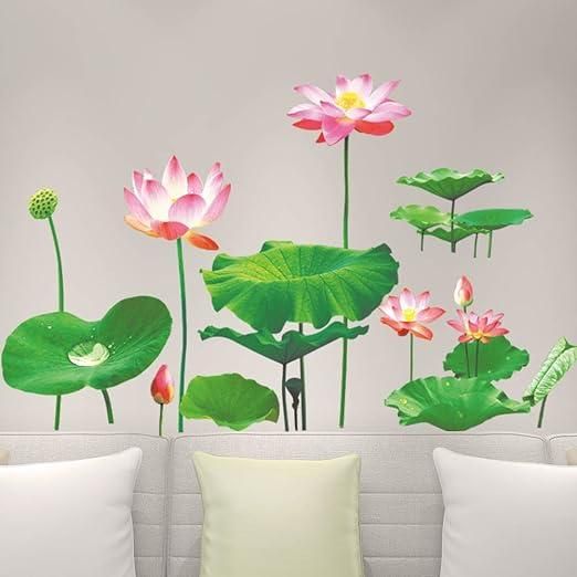 Green Leaves Lotus Flower Wall Decor Sticker - PURE