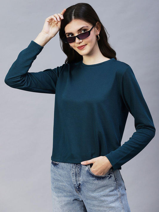 Rigo Women's Polyester Self Design Teal Round Neck Full Sleeves Corduroy Top - PURE