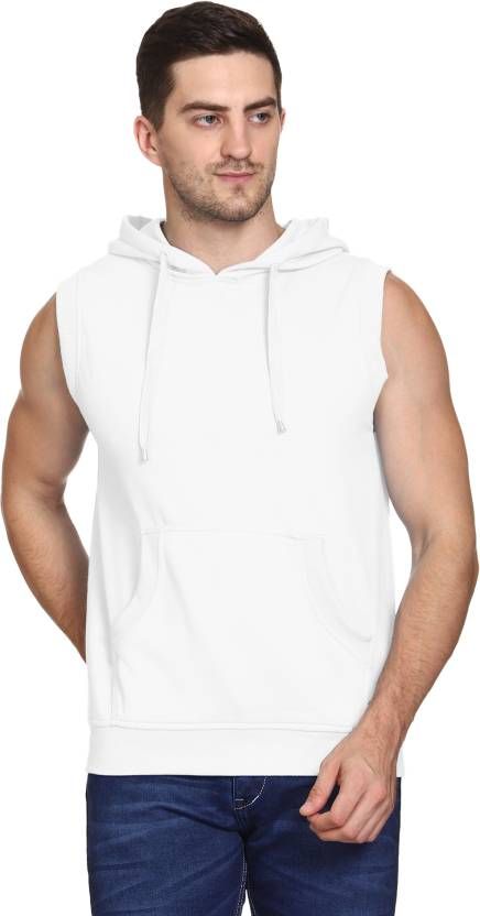 Men Sleeveless Solid Hooded Sweatshirt - PURE