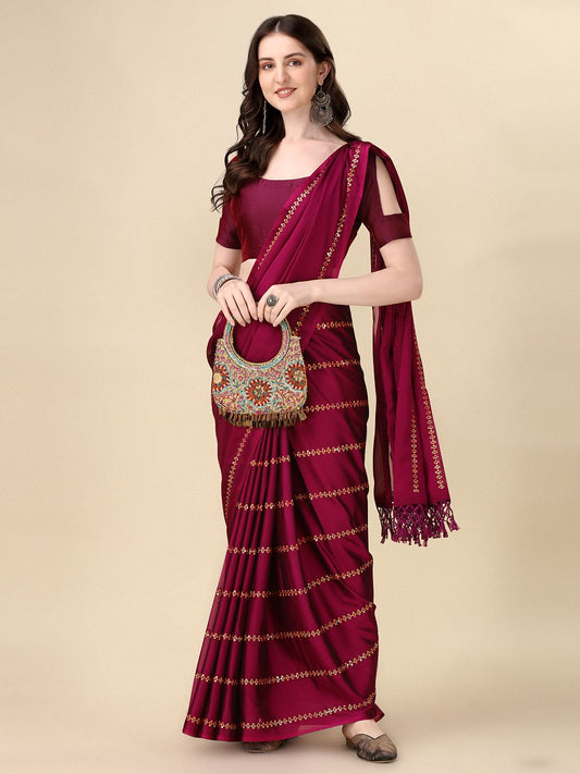 Fancy Sequined Embroidered Purple Coloured Silk Saree with Blouse Piece - PURE